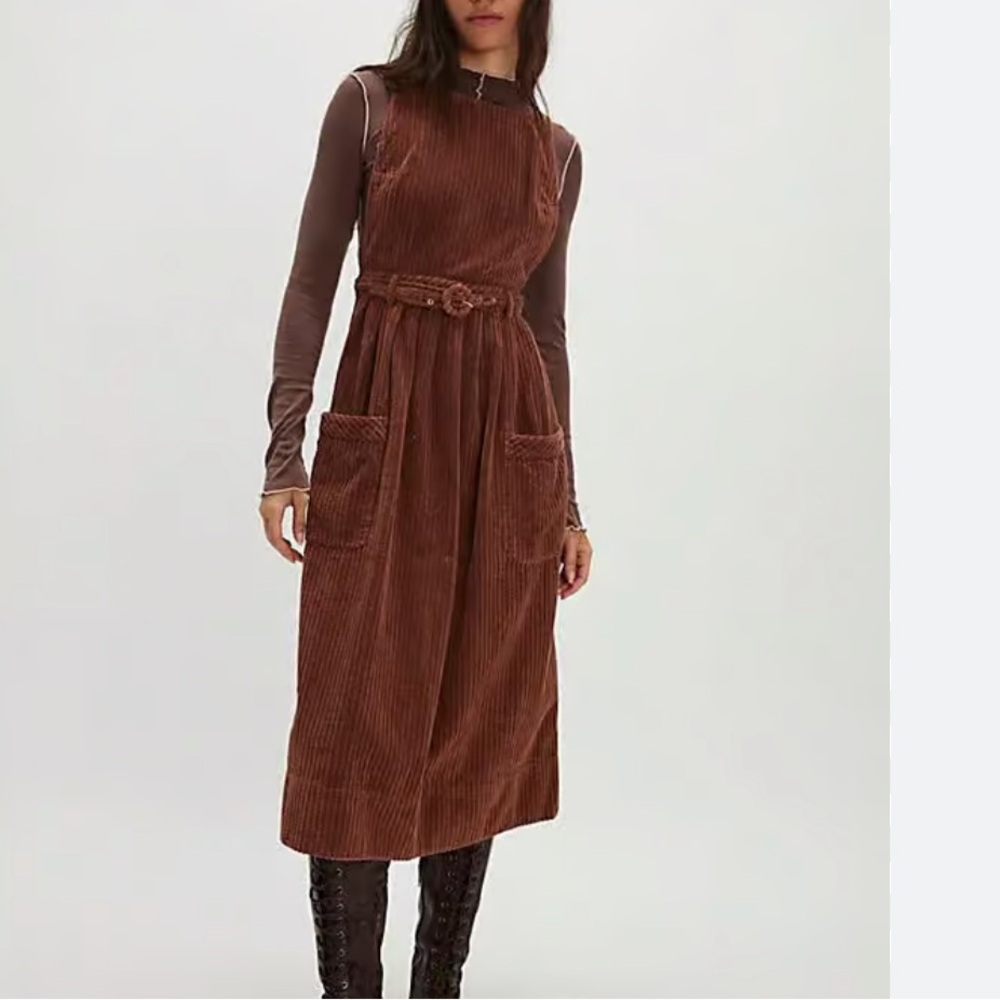 NWT Free People The Other Side Corduroy Midi Dress in Umber Brown-8